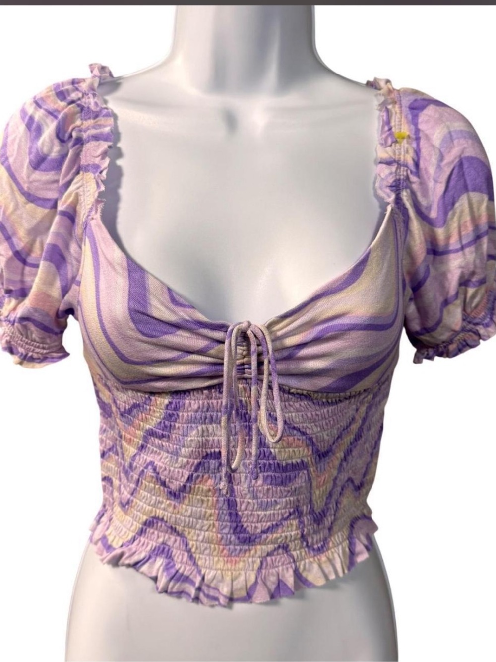 Urban Outfitters Lavender Swirl Puff Sleeve Crop Top
